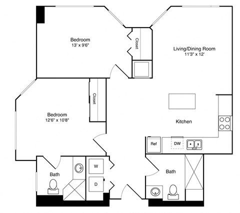 Floor plan for 2 beds, 2 baths, 777 sqft